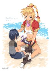 Rule 34 | 1boy, 1girl, bandages, blonde hair, blue hair, breasts, chrono cross, cleavage, closed mouth, facial mark, gloves, high ponytail, jewelry, kid (chrono cross), long hair, midriff, multi-tied hair, navel, necklace, ponytail, serge (chrono cross), skirt, smile, vest, yji