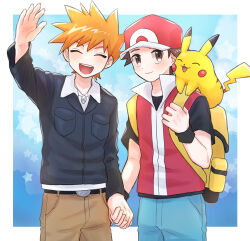 Rule 34 | 2boys, :d, arm up, backpack, bag, belt, belt buckle, black belt, black jacket, black shirt, black wristband, blonde hair, blue oak, brown pants, buckle, commentary request, creatures (company), facing viewer, game freak, gen 1 pokemon, hat, highres, holding hands, holding strap, jacket, jewelry, male focus, mochi (mocchi p 2m), multiple boys, necklace, nintendo, on shoulder, open mouth, pants, pikachu, pokemon, pokemon (creature), pokemon hgss, pokemon on shoulder, red (pokemon), shirt, short hair, smile, spiked hair, teeth, upper teeth only, vest, white shirt, yellow bag