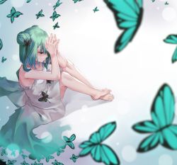 Rule 34 | 1girl, absurdres, bare arms, bare legs, barefoot, black ribbon, blue hair, bug, butterfly, choker, commentary request, crying, crying with eyes open, double bun, dress, eredhen, feet, from above, full body, green butterfly, green hair, hair bun, hair ribbon, highres, hololive, insect, multicolored hair, red eyes, ribbon, sitting, solo, steepled fingers, streaked hair, tears, toes, uruha rushia, virtual youtuber, white background, white choker, white dress