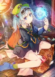 Rule 34 | 1girl, backpack, bag, benio (dontsugel), blue eyes, blue hair, blueprint (object), goggles, goggles on head, hair bobbles, hair ornament, hat, highres, kawashiro nitori, long hair, looking at viewer, matching hair/eyes, md5 mismatch, nmaaaaa, sitting, solo, touhou, twintails, two side up, wariza