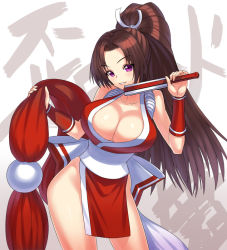 Rule 34 | 1girl, bare shoulders, blush, breasts, brown hair, cleavage, fatal fury, fingerless gloves, folded fan, folding fan, gloves, hand fan, huge breasts, japanese clothes, large breasts, long hair, looking at viewer, ninja, open mouth, pelvic curtain, ponytail, purple eyes, revealing clothes, shiranui mai, sideboob, smile, snk, solo, the king of fighters, yapo (croquis side)