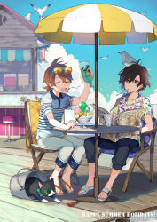 Rule 34 | 2boys, animal, bad id, bad pixiv id, bird, black hair, blue sky, bottle, bow, brown eyes, brown hair, bucket, cat, chair, crab, cup, day, desert, dessert, closed eyes, flower, flower necklace, folding chair, food, hawaiian shirt, hou (ppo), ice, ice cream, ice cube, in bucket, in container, jewelry, male focus, multiple boys, necklace, newspaper, open mouth, original, sandals, seagull, shaved ice, shirt, short hair, short sleeves, sitting, sky, stool, summer, sundae, sunglasses, umbrella, wooden floor