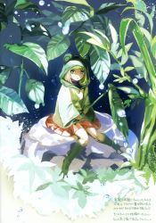 Rule 34 | 1girl, absurdres, animal costume, blonde hair, blue eyes, blunt bangs, bob cut, boots, frog costume, green footwear, green theme, highres, holding, hood, hood up, knees together feet apart, leaf, long sleeves, looking at viewer, mini person, minigirl, non-web source, original, parted lips, pleated skirt, raincoat, rubber boots, scan, sitting, skirt, solo, water, water drop, wide sleeves, yanyo (ogino atsuki)