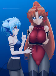Rule 34 | 00s, 2girls, azu. (azu pitch), blue eyes, blue hair, bodysuit, breasts, covered erect nipples, fang, highres, huge breasts, long hair, mermaid melody pichi pichi pitch, mimi (mermaid melody pichi pichi pitch), multiple girls, orange hair, ponytail, red eyes, sheshe, short hair, small breasts