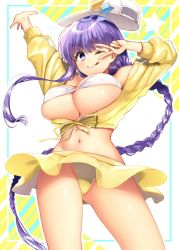 Rule 34 | &gt;:p, 1girl, :p, arms up, baseball cap, bb (fate), bb (fate) (all), bb (swimsuit mooncancer) (fate), bb (swimsuit mooncancer) (first ascension) (fate), bikini, bikini top only, blush, braid, breasts, fate/grand order, fate (series), hat, highres, jacket, large breasts, long hair, looking at viewer, navel, navy (navy.blue), one eye closed, single braid, skirt, smile, solo, swimsuit, tongue, tongue out, v, white bikini, white hat, yellow jacket, yellow skirt