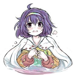 Rule 34 | 1girl, cape, commentary request, hairband, highres, laoshezhang, multicolored clothes, multicolored hairband, patchwork clothes, purple eyes, purple hair, rainbow gradient, short hair, solo, sweatdrop, tearing up, tenkyuu chimata, touhou, white background, white cape, wing collar