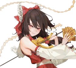 Rule 34 | 1girl, alternate eye color, arms up, bandages, bare shoulders, bell, bow, bowtie, brown hair, closed mouth, collared shirt, commentary, detached sleeves, english commentary, fingernails, flying, frills, gohei, hair between eyes, hair ornament, hair tubes, hakurei reimu, hands up, long hair, long sleeves, looking at viewer, nail polish, navel, ofuda, pink eyes, pink nails, prm647, red bow, red shirt, red skirt, sarashi, shirt, simple background, skirt, smile, solo, teeth, touhou, white background, wide sleeves, yellow bow, yellow bowtie