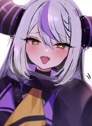 Rule 34 | 1girl, ascot, black horns, braid, heart, heart-shaped pupils, highres, hololive, horns, la+ darknesss, la+ darknesss (1st costume), long hair, looking at viewer, multicolored hair, namagome negi, open mouth, purple hair, simple background, sketch, solo, streaked hair, striped, striped horns, symbol-shaped pupils, teeth, tongue, tongue out, upper body, upper teeth only, virtual youtuber, white background, white hair, yellow ascot, yellow eyes