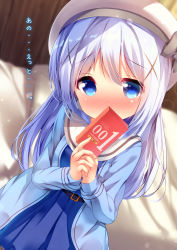 Rule 34 | 1girl, bed, belt, belt buckle, beret, black belt, black bow, blue eyes, blue hair, blue jacket, blue shirt, blue skirt, blurry, blurry background, blush, bow, buckle, chinomaron, commentary request, condom box, covered mouth, depth of field, gochuumon wa usagi desu ka?, hair between eyes, hair ornament, hat, hat bow, highres, holding, jacket, kafuu chino, long hair, long sleeves, looking at viewer, nose blush, okamoto condoms, open clothes, open jacket, pillow, pleated skirt, sailor collar, school uniform, serafuku, shirt, skirt, sleeves past wrists, solo, translation request, very long hair, white hat, white sailor collar, x hair ornament