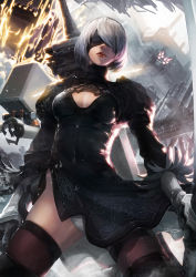 Rule 34 | 1girl, black blindfold, black dress, black gloves, black thighhighs, blindfold, boots, breasts, cleavage cutout, clothing cutout, cowboy shot, dress, facing viewer, feather-trimmed sleeves, floating, floating object, floating sword, floating weapon, gloves, hexaoyama, highres, holding, holding sword, holding weapon, katana, large breasts, leotard, lipstick, long bangs, machine (nier), makeup, mecha, mole, mole under mouth, nier:automata, nier (series), pod (nier:automata), red lips, robot, short hair, signature, sword, thigh boots, thighhighs, thighhighs under boots, thong leotard, weapon, weapon on back, white hair, 2b (nier:automata)