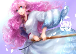 Rule 34 | 1girl, aiguillette, blue eyes, breasts, closed mouth, commentary request, flower, gold trim, hair spread out, high collar, holding, holding sword, holding weapon, large breasts, lips, long hair, long sleeves, looking at viewer, nose, pink hair, realistic, rose, sheath, shoujo kakumei utena, solo, sword, tenjou utena, unsheathing, very long hair, weapon