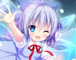 Rule 34 | 1girl, ahoge, album cover, arm up, blue background, blue bow, blue dress, blue eyes, blue hair, blush, blush stickers, bow, bowtie, cirno, cover, dress, eyelashes, fairy, fairy wings, frilled sleeves, frills, hair bow, ice, ice wings, official art, one eye closed, open mouth, outstretched arm, puffy short sleeves, puffy sleeves, red bow, red bowtie, shirt, shiwasu horio, short hair, short sleeves, smile, snowing, teeth, touhou, touhou cannonball, upper body, upper teeth only, white shirt, wings