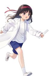 Rule 34 | 1girl, :o, black eyes, black hair, blue shorts, blush, coat, full body, headband, highres, holding ruler, lab coat, long hair, looking to the side, na-ga, open clothes, open coat, open mouth, original, red headband, running, shirt, shorts, simple background, sleeves past wrists, socks, solo, white background, white footwear, white shirt, white socks