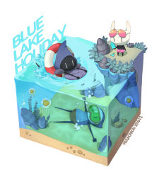Rule 34 | 1other, 2boys, absurdres, air bubble, armor, artist name, black male swimwear, black swim briefs, bubble, dated, dripping, eating, eyewear on head, food, goggles, highres, holding, holding food, hollow knight, hood, ice cream, jellyfish, knight (hollow knight), leaf, lifebuoy, lying, maga (comicfans100), male swimwear, melting, multiple boys, no humans, on back, pink male swimwear, pink swim trunks, popsicle, quirrel, rock, sand, shield, shoulder armor, splashing, submerged, sunglasses, swim briefs, swim ring, swim trunks, swimming, swimsuit, tiso, topless male, underwater, water