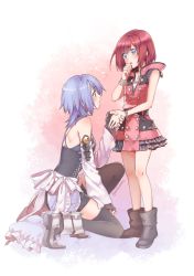 Rule 34 | 2girls, anakris, aqua (kingdom hearts), artist name, black legwear, blue hair, boots, bracelet, detached sleeves, fingerless gloves, gloves, hand to own mouth, highres, holding hands, hood, hood down, jewelry, kairi (kingdom hearts), kingdom hearts, kingdom hearts iii, kneeling, looking at another, looking up, multiple girls, necklace, red hair, sash, short hair, short shorts, shorts, skirt, sleeveless, smile, standing, strap, surprised, thighhighs, thighs, twitter username, zipper, zipper pull tab