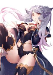 Rule 34 | 1girl, aki663, animal ears, black thighhighs, breasts, brown eyes, detached pants, erune, fraux, granblue fantasy, grey hair, highres, leotard, medium breasts, robe, solo, thighhighs, thighs, twintails, white background