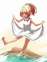 Rule 34 | 1girl, :d, bare shoulders, barefoot, blonde hair, bob-the-bison, bow, dark-skinned female, dark skin, dress, elf, hair bow, high ponytail, highres, hololive, long hair, looking down, multicolored hair, open mouth, pointy ears, red eyes, sailor dress, shiranui flare, short dress, skirt hold, sleeveless, sleeveless dress, smile, solo, streaked hair, sundress, virtual youtuber, wading, white dress, aged down