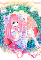 Rule 34 | 1girl, :d, absurdres, ahoge, bare shoulders, blue eyes, bow, rabbit, candy, candy cane, carrot, detached sleeves, female focus, food, hair bow, hair ribbon, highres, leaf, letter, long hair, looking at viewer, love letter, moseley, open mouth, original, pink hair, ribbon, sitting, smile, solo, wrist cuffs