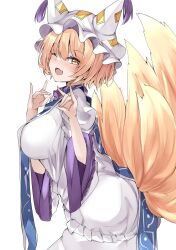 Rule 34 | 1girl, ;d, blonde hair, breasts, double fox shadow puppet, fox shadow puppet, fox tail, from side, hat, highres, kitsune, large breasts, long sleeves, looking at viewer, mob cap, multiple tails, mutou mame, one eye closed, open mouth, short hair, simple background, smile, solo, tabard, tail, touhou, white background, white hat, wide sleeves, yakumo ran, yellow eyes
