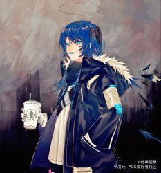 Rule 34 | 1girl, :d, arknights, artist name, blue eyes, blue hair, blue jacket, blue scarf, blue tongue, chinese commentary, colored tongue, commentary request, copyright notice, cowboy shot, cup, demon horns, demon tail, detached wings, disposable cup, exusiai (arknights), fur-trimmed hood, fur trim, halo, hand in pocket, highres, holding, holding cup, hood, hood down, hooded jacket, horns, jacket, layered sleeves, long hair, long sleeves, looking at viewer, mostima (arknights), open clothes, open jacket, open mouth, scarf, shigoto kaiju, shirt, smile, solo, starbucks, tail, teeth, tsurime, upper teeth only, white shirt, wings