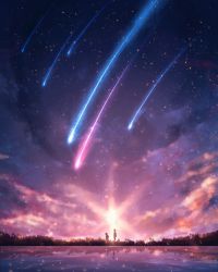 Rule 34 | 1boy, 1girl, cloud, cloudy sky, czy (2894456992), grass, highres, light particles, meteor shower, original, outdoors, plant, reflection, scenery, shooting star, silhouette, sky, star (sky), starry sky, sun, sunset, very wide shot, water