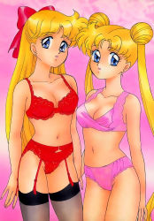 Rule 34 | 2girls, absurdres, aino minako, alternate costume, arm at side, arm behind back, arms at sides, bare arms, bare legs, bare shoulders, bishoujo senshi sailor moon, blonde hair, blue eyes, bow, bra, breasts, cameltoe, cleavage, collarbone, double bun, earrings, female focus, garter belt, grey legwear, hair bow, hair bun, highres, jewelry, lace, lace-trimmed bra, lace-trimmed panties, lace trim, lingerie, long hair, looking at viewer, makunouchi isami, medium breasts, midriff, multiple girls, navel, neck, open mouth, panties, parted bangs, pink background, pink bra, pink panties, red bow, red bra, red panties, side-by-side, standing, stud earrings, thighhighs, tsukino usagi, underwear, very long hair