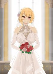Rule 34 | 1girl, absurdres, bare shoulders, blonde hair, blurry, blurry background, bouquet, breasts, bridal veil, choker, covered collarbone, dress, elbow gloves, floral print, flower, gloves, hair flower, hair ornament, highres, holding, holding bouquet, hololive, hololive indonesia, kaela kovalskia, kuon bb, large breasts, pink flower, pink rose, red eyes, red flower, red rose, rose, short hair, solo, veil, virtual youtuber, wedding dress, white choker, white dress, white flower, white gloves, white rose