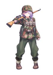 Rule 34 | 1girl, ammunition belt, ammunition pouch, boots, brown footwear, camouflage, camouflage headwear, camouflage jacket, closed mouth, company of heroes, earrings, explosive, full body, german army, gewehr 43, green pants, grenade, gun, hair between eyes, hair over one eye, hat, helmet, holding, holding gun, holding weapon, jacket, jewelry, medium hair, military, military hat, military uniform, nail polish, original, pants, pouch, purple eyes, purple hair, purple nails, rifle, side ponytail, simple background, sniper rifle, solo, standing, stormtrooper (company of heroes), transparent background, uniform, weapon, white background, world war ii, zhainan s-jun