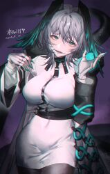 Rule 34 | 1girl, aqua eyes, arknights, between breasts, black pantyhose, breasts, chromatic aberration, coat, cowboy shot, dress, fangs, feathered wings, fingerless gloves, gloves, grey hair, hair between eyes, head wings, highres, ho&#039;olheyak (arknights), infection monitor (arknights), large breasts, long sleeves, long tail, looking at viewer, multicolored coat, nail polish, open clothes, pantyhose, parted lips, pencil dress, snake tail, solo, strap between breasts, tail, two-tone coat, white dress, white gloves, wings, yuwan1241