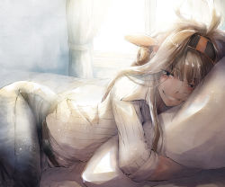 Rule 34 | 1girl, ahoge, alternate costume, bed, bed sheet, belt, blush, brown hair, buckle, casual, collared shirt, curtains, day, denim, double bun, hair bun, hairband, headgear, hinoru saikusa, hugging object, indoors, jeans, kantai collection, kongou (kancolle), light particles, long hair, looking at viewer, lying, on bed, on side, pants, parted lips, pillow, pillow hug, shirt, sidelocks, sleeves rolled up, smile, solo, striped clothes, striped shirt, white shirt, window, wing collar