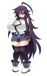 Rule 34 | 1girl, ahoge, bare shoulders, belt, black gloves, black thighhighs, blush, boots, breasts, cleavage cutout, clothing cutout, female focus, fingerless gloves, full body, gigantic breasts, gloves, highres, la la, long hair, looking at viewer, original, pants, plump, purple hair, red eyes, shorts, simple background, smile, solo, standing, thick thighs, thighhighs, thighs, very long hair, white background