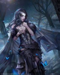 Rule 34 | 1girl, armband, bare shoulders, black dress, black hair, blue eyes, breasts, bug, butterfly, cleavage, cloak, copyright name, corset, dated, dress, forest, fur, gem, hand on own chest, highres, bug, jeremy chong, jewelry, long hair, looking at viewer, medium breasts, mobius final fantasy, nature, necklace, night, outdoors, purple lips, solo, square enix, tiara, tree, watermark