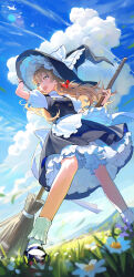 Rule 34 | 1girl, absurdres, apron, black hat, black skirt, black vest, blonde hair, bloomers, blue sky, bow, braid, breasts, broom, butyou (mika1412), cloud, falling leaves, floating hair, flower, grass, hair bow, hand on headwear, hat, hat bow, highres, holding, holding broom, kirisame marisa, leaf, long hair, outdoors, petticoat, puffy short sleeves, puffy sleeves, shirt, short sleeves, single braid, skirt, sky, small breasts, solo, touhou, underwear, very long hair, vest, waist apron, white bloomers, white shirt, witch hat