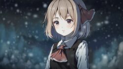 1girl black_vest blonde_hair blurry blurry_background expressionless hair_between_eyes highres kinoniku long_sleeves medium_hair neckerchief red_eyes red_neckerchief ribbon rumia shirt snow snowing solo touhou upper_body vest white_shirt