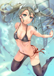 Rule 34 | 10s, 1girl, :&lt;, absurdres, air bubble, armadillo-tokage, bad id, bad pixiv id, bikini, black thighhighs, breasts, bubble, gradient background, green eyes, green hair, highres, holding breath, kantai collection, ladder, matching hair/eyes, navel, outstretched arms, ribbon-trimmed legwear, ribbon trim, ribs, side-tie bikini bottom, small breasts, solo, submerged, swimsuit, thighhighs, twintails, underwater, zuikaku (kancolle)