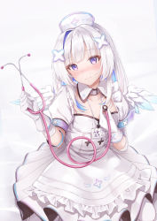 Rule 34 | 1girl, absurdres, amane kanata, amane kanata (nurse), angel wings, apron, bandaged arm, bandages, blue hair, blunt bangs, closed mouth, colored inner hair, daidai (daidai826), detached collar, dress, frilled apron, frills, gloves, hat, heart, highres, holding, holding stethoscope, hololive, long hair, looking at viewer, multicolored hair, nurse, nurse cap, pantyhose, pink hair, pleated dress, puffy short sleeves, puffy sleeves, purple eyes, revision, short sleeves, solo, stethoscope, streaked hair, virtual youtuber, white apron, white background, white dress, white gloves, white hair, white hat, white pantyhose, wings
