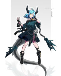 Rule 34 | 1girl, androgynous, ankleband, black footwear, black gloves, black horns, brooch, chain, dated, dragon tail, fang, fingerless gloves, gloves, hand on own cheek, hand on own face, hand up, highres, horns, jewelry, kingzhizhu, original, pointy ears, short hair, simple background, skirt, skull, smile, solo, standing, tail, white background, wristband, yellow eyes