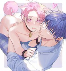 Rule 34 | 2boys, blue eyes, blue hair, border, bracelet, cat boy, character request, collar, collared shirt, completely nude, copyright request, feet out of frame, hair between eyes, heart, hug, jewelry, kurusu mero, light, looking at viewer, male focus, messy hair, multiple boys, nude, open mouth, pink hair, pink tail, purple background, shirt, short hair, sweatdrop, white border, yaoi