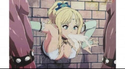 Rule 34 | 1girl, 2boys, anime screenshot, aqua eyes, black choker, blonde hair, breasts, brick wall, character request, choker, cleavage, copyright request, crack, cracked wall, cum, dark-skinned male, dark skin, hair ornament, large breasts, looking at another, multiple boys, non-web source, out of frame, pillarboxed, pointy ears, ponytail, star (symbol), star hair ornament, through wall, topless male, upper body, vomiting cum