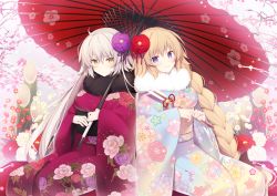 Rule 34 | 2girls, ahoge, arrow (projectile), bamboo, blonde hair, blue kimono, braid, branch, breasts, cherry blossoms, fate/grand order, fate (series), floral print, flower, fur collar, furisode, hair between eyes, hair flower, hair ornament, hamaya, holding, holding umbrella, japanese clothes, jeanne d&#039;arc (fate), jeanne d&#039;arc (ruler) (fate), jeanne d&#039;arc alter (avenger) (fate), jeanne d&#039;arc alter (fate), kimono, long hair, long sleeves, looking at viewer, medium breasts, miko (royal milk), multiple girls, obi, oil-paper umbrella, print kimono, purple eyes, purple flower, purple kimono, red flower, sash, side-by-side, sidelocks, signature, silver hair, single braid, sitting, sleeves past wrists, umbrella, very long hair, white flower, wide sleeves, yellow eyes