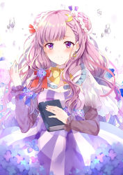 Rule 34 | 1girl, arm up, blush, book, braid, breasts, cleavage, commentary request, cowboy shot, crescent, crescent earrings, crescent hair ornament, detached collar, detached sleeves, double bun, dress, earrings, fingernails, flower, glint, hair bun, hair ornament, hair ribbon, highres, holding, holding book, hydrangea, jewelry, light frown, light purple hair, long hair, looking at viewer, medium breasts, parted bangs, patchouli knowledge, puracotte, purple eyes, ribbon, solo, strapless, strapless dress, striped clothes, striped dress, touhou, vertical-striped clothes, vertical-striped dress, very long hair, water drop, white background