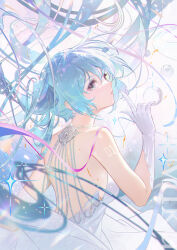 Rule 34 | 1girl, absurdly long hair, absurdres, backless dress, backless outfit, blue hair, breasts, closed mouth, commentary, dress, floating hair, gloves, green eyes, hatsune miku, highres, index finger raised, jie xiaoming, long hair, medium breasts, miku symphony (vocaloid), number tattoo, profile, sideboob, sleeveless, sleeveless dress, solo, tattoo, twintails, very long hair, vocaloid, white dress, white gloves