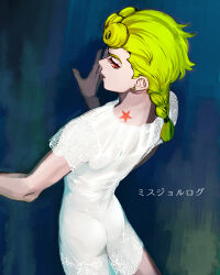 Rule 34 | 1boy, androgynous, ass, back, birthmark, blonde hair, braid, commentary request, earrings, giorno giovanna, hand on wall, jewelry, jojo no kimyou na bouken, long hair, looking back, male focus, nightgown, red eyes, simple background, solo, translucent, vento aureo, zakki