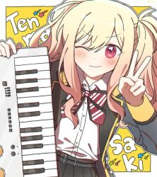 Rule 34 | 1girl, black jacket, black skirt, blonde hair, blush, border, bow, bowtie, character name, closed mouth, cocov, collared shirt, cowboy shot, hair between eyes, hand up, highres, holding, holding instrument, instrument, jacket, keyboard (instrument), leaning to the side, long hair, long sleeves, looking at viewer, one eye closed, open clothes, open jacket, outside border, pleated skirt, project sekai, red bow, red bowtie, red eyes, shirt, shirt tucked in, sidelocks, simple background, skirt, smile, solo, tenma saki, twintails, v, v-shaped eyebrows, white border, white shirt, yellow background