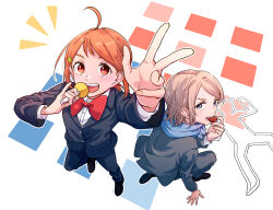 Rule 34 | 2girls, absurdres, ahoge, alternate hairstyle, blue eyes, bow, bowtie, chalk outline, commentary request, eating, formal, furrowed brow, grey hair, highres, holding, holding microphone, kashikaze, loafers, looking at viewer, love live!, love live! sunshine!!, microphone, multiple girls, orange eyes, orange hair, ponytail, red bow, red bowtie, shoes, short hair, simple background, smile, striped suit, suit, takami chika, watanabe you