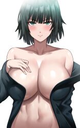 Rule 34 | 1girl, absurdres, bare shoulders, blunt bangs, blunt ends, blush, breasts, cleavage, closed mouth, collarbone, commentary, eyelashes, fubuki (one-punch man), green eyes, green hair, hand up, highres, huge breasts, jasony, linea alba, long sleeves, looking at viewer, navel, one-punch man, open clothes, paid reward available, short hair, simple background, solo, upper body, white background