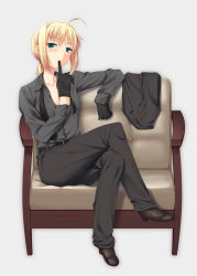 Rule 34 | 1girl, ahoge, artoria pendragon (all), artoria pendragon (fate), belt, biting, black gloves, blonde hair, blush, breasts, business suit, chair, cleavage, crossed legs, fate/zero, fate (series), formal, full body, glove biting, gloves, green eyes, jacket, unworn jacket, miyai sen, necktie, pants, ponytail, reverse trap, saber (fate), shoes, short hair, simple background, sitting, small breasts, solo, suit, undone necktie, undressing