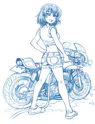 Rule 34 | 10s, 1girl, ass, bbb (friskuser), blue theme, blush, breasts, butt crack, girls und panzer, highres, hoshino (girls und panzer), large breasts, looking at viewer, looking back, monochrome, motor vehicle, motorcycle, open mouth, short hair, short shorts, shorts, simple background, solo, tank top, white background