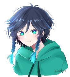 Rule 34 | 1boy, androgynous, black hair, blue hair, braid, closed mouth, commentary request, genshin impact, gradient hair, green eyes, hood, hood down, hoodie, looking at viewer, male focus, multicolored hair, nanashevel, short hair with long locks, side braids, sidelocks, simple background, smile, solo, twin braids, twitter username, venti (genshin impact), white background