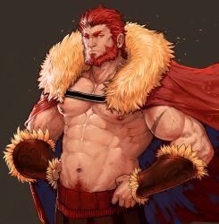 Rule 34 | 1boy, abs, bara, beard, body hair, cape, facial hair, fate/zero, fate (series), fur collar, hand on own hip, highres, iskandar (fate), large pectorals, looking at viewer, male focus, male pubic hair, manly, muscular, navel, nipples, pectorals, pubic hair, red eyes, red hair, rumlockerart, scar, topless male, simple background, solo